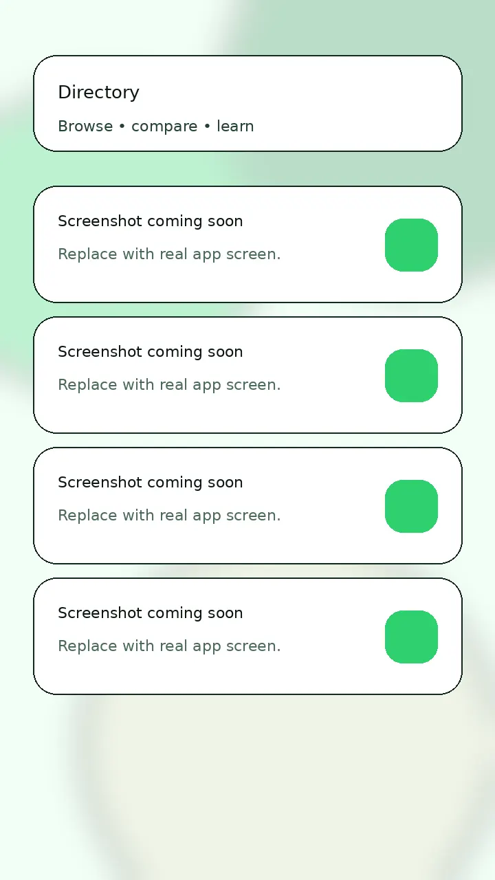 Directory screen with categories and comparison options for plants and trees