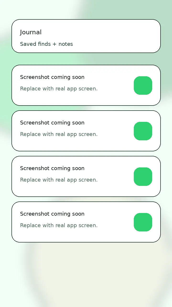 Nature journal screen showing saved photos, notes, and collections for hikes and trips